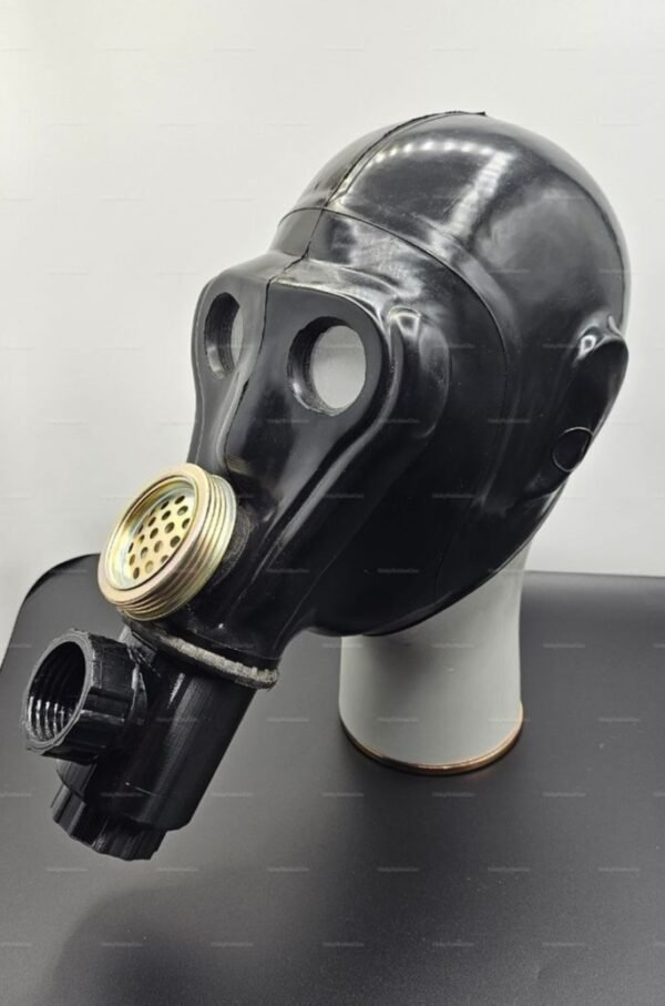 A sleek, black rubber hood with vintage sci-fi design, featuring a distinctive gas mask style.