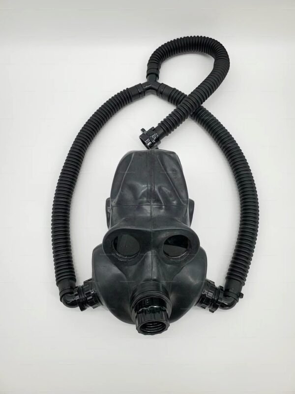 Black rubber gas mask hood with attached hoses, designed for cosplay and fetish fashion.