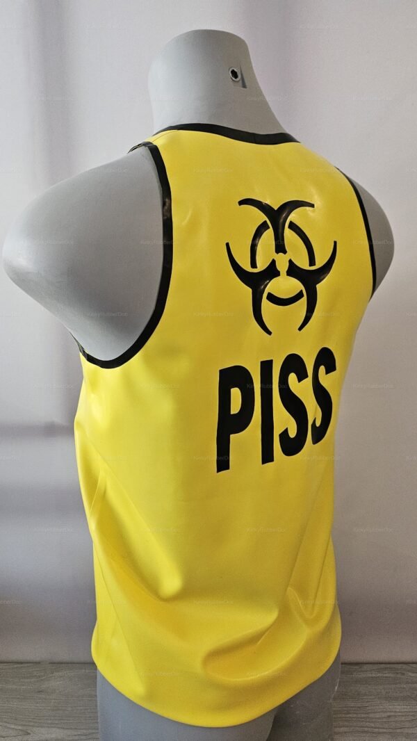 Bright yellow latex shirt with bold black biohazard and text symbols for a daring and provocative look.