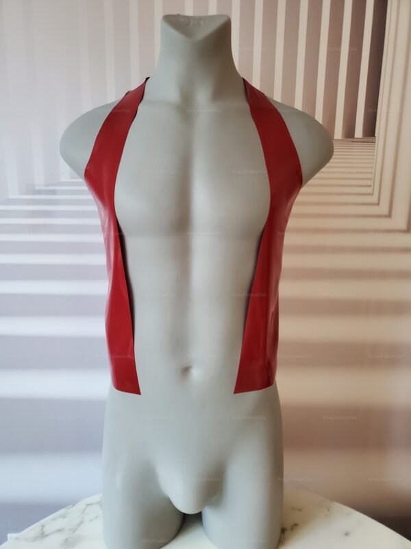 Sleek red latex vest with a bold, open-front design and lace-up back.