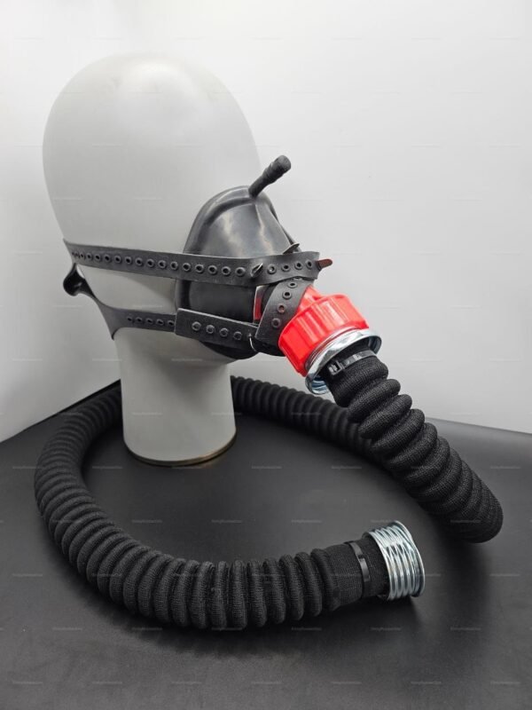 Custom black mask with red valve and flexible hose, designed for fetish breath play.