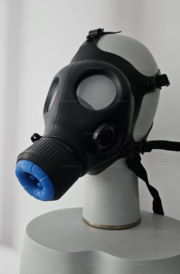 Customizable flesh insert mask with adjustable straps, featuring a sleek black finish and vibrant blue accents.