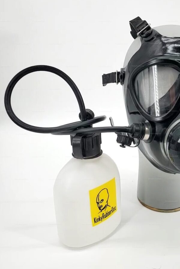 A sleek black gas mask with attached drink port and white bottle, designed for breath play and cosplay.