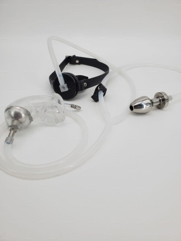 A drinking gag with a urine tube catheter featuring sleek black and metallic elements for a provocative experience.