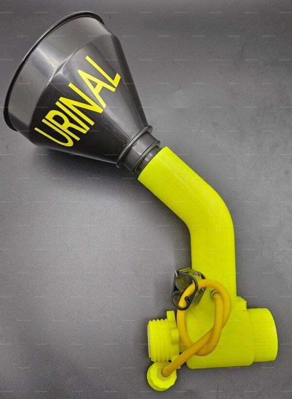 A vibrant yellow and black urinal funnel attachment designed for a gas mask, featuring bold lettering and a sleek, functional design.
