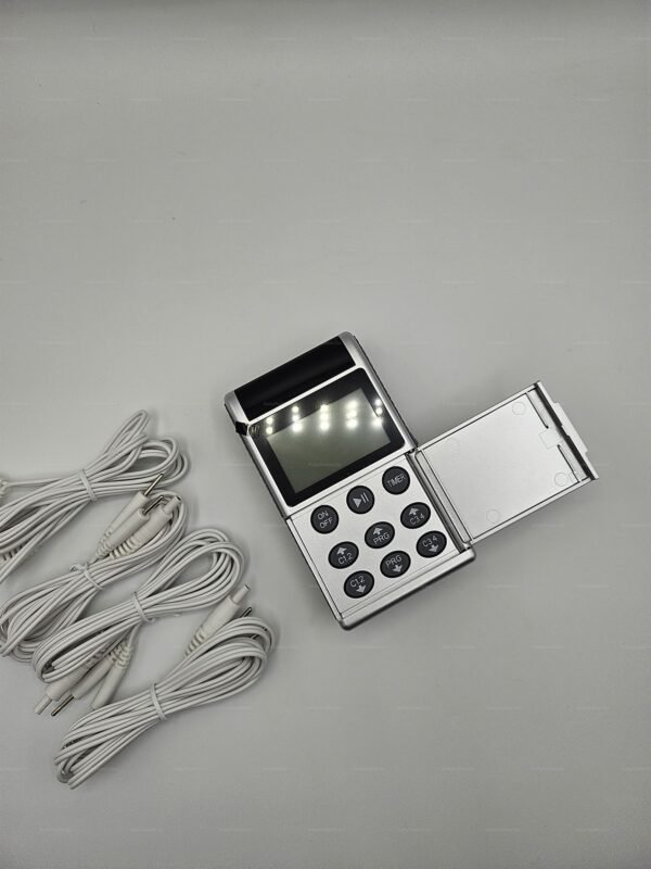 Dual-channel electrosex controller with multiple settings and connection cables on a neutral background.