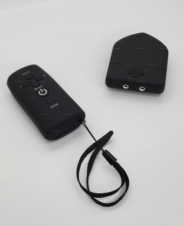 Dual-output Estim Power Unit Wireless Set on a white background, featuring a sleek black remote and a compact receiver unit.