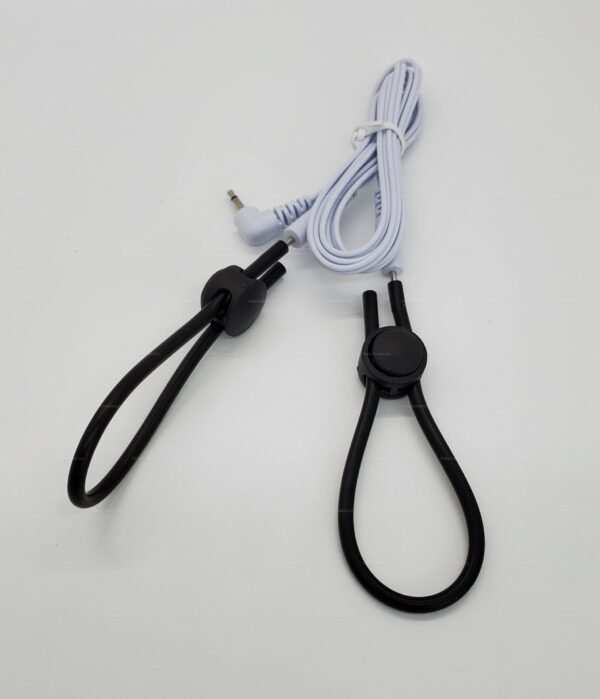 Black e-stim cock ring with adjustable loops and connecting cable.