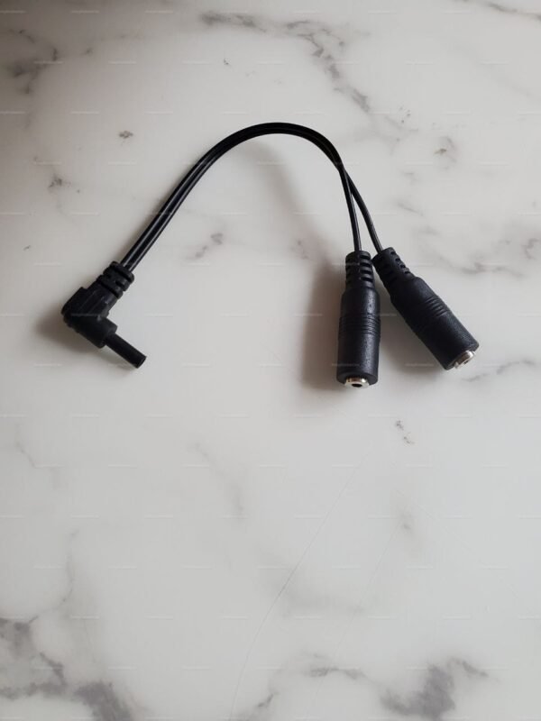 A sleek e-stim DC2.5mm Y splitter cable, designed for TENS toys, featuring dual connectors and a black finish.
