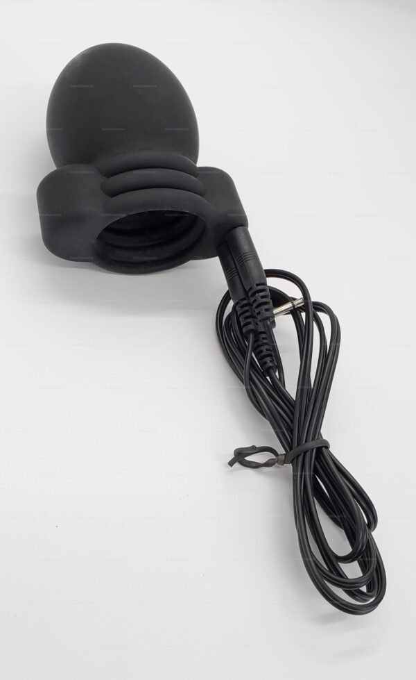 Sleek black e-stim penis head suction cup with attached cable for electro play.