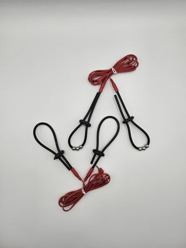 Electric cock ring play beads variant featuring sleek black loops and red cords.