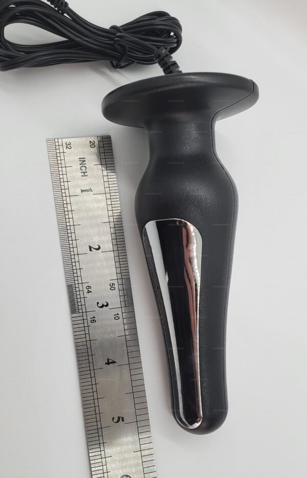Sleek black electro-anal plug with a metallic accent and cable for stimulation.