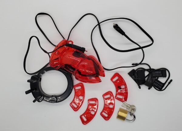 A red transparent electro cock cage with black accessories and a lock set, designed for adventurous play.