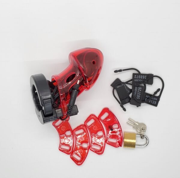 A sleek red and black electro-cock-locker with wire input, featuring multiple rings, keys, and a padlock for secure play.