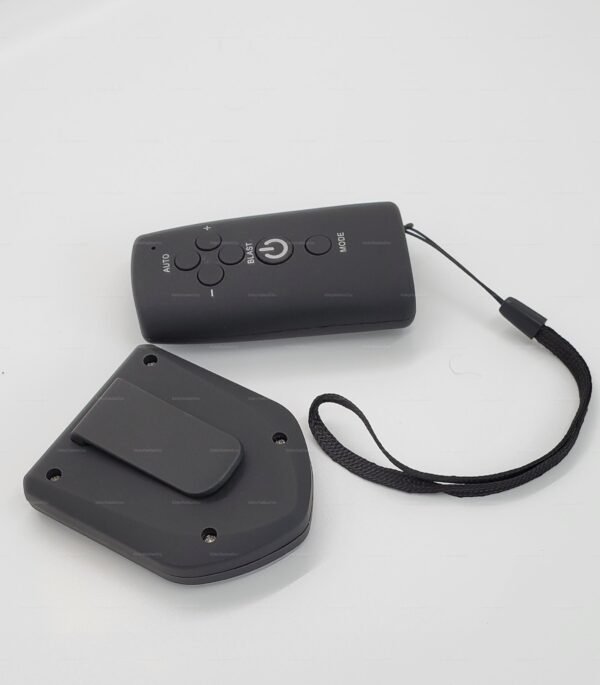 Sleek black electro-controller with dual-port remote for kink play, featuring intuitive buttons and a wrist strap.