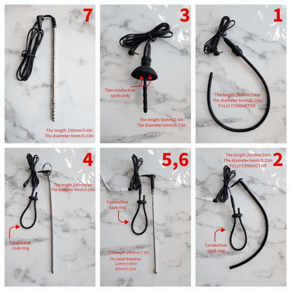 Electro Penis Sound Catheter Kit with silicone and metal options, showcasing various lengths and conductive features.
