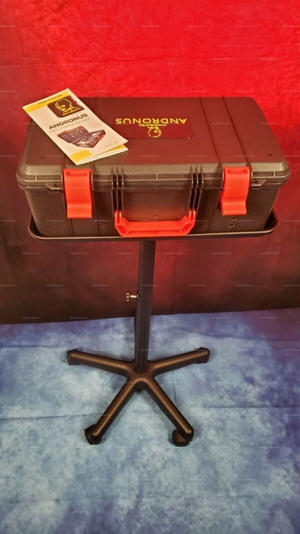 A sleek, black electro-sex device case with bold red accents, featuring a sturdy stand for convenient storage and accessibility.