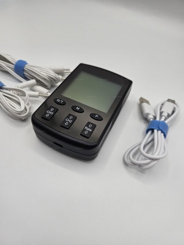 Sleek black electro-sex toy controller with multiple white cables, designed for an electrifying experience.