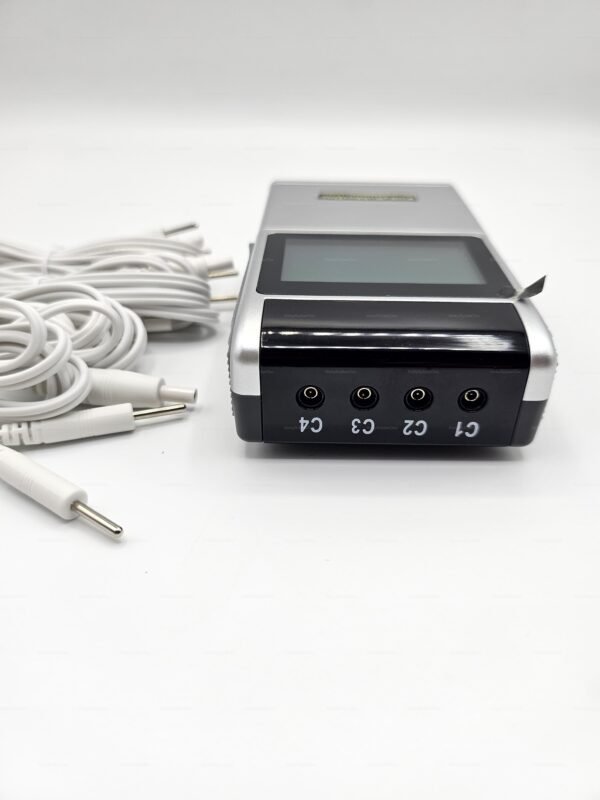 Electro-Stim Kit with four ports and adapters featuring sleek silver and black design.