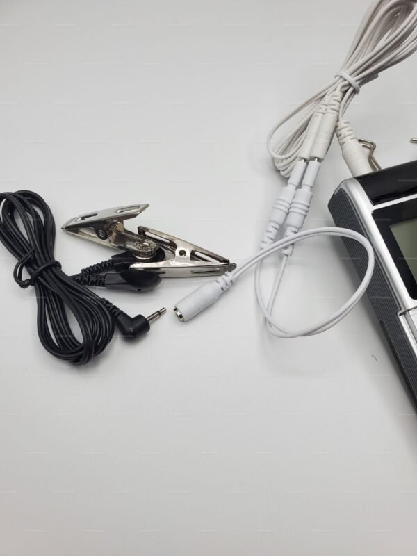 Electro-stim power device with sleek design, featuring metal clips and multiple cords for customizable sensations.