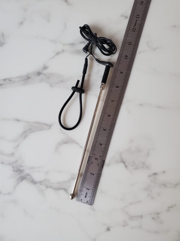 Electro-stim catheter plug options urethral toy set with sleek metal finish and adjustable silicone loop, shown next to a ruler for size comparison.