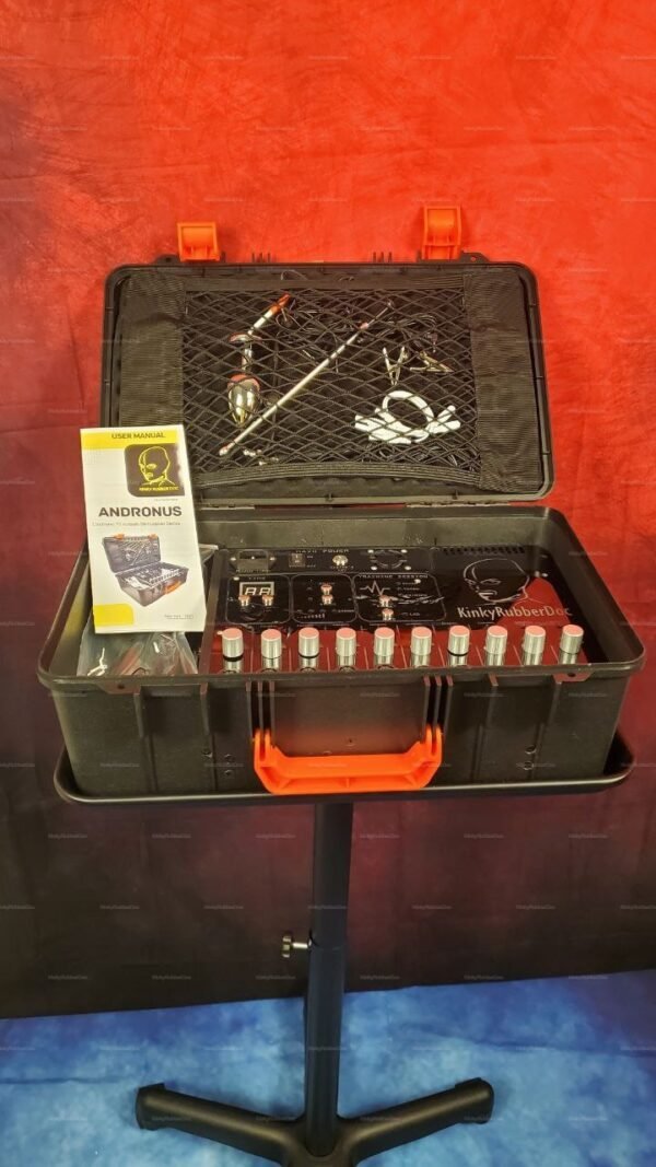 Electro-stimulation device case with 220V and 110V options, featuring a sleek black design with orange accents, various control knobs, and an array of accessories.