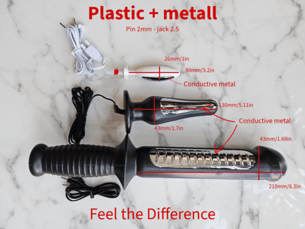 ElectroStim plug comparison showcasing different sizes and conductive metal features.