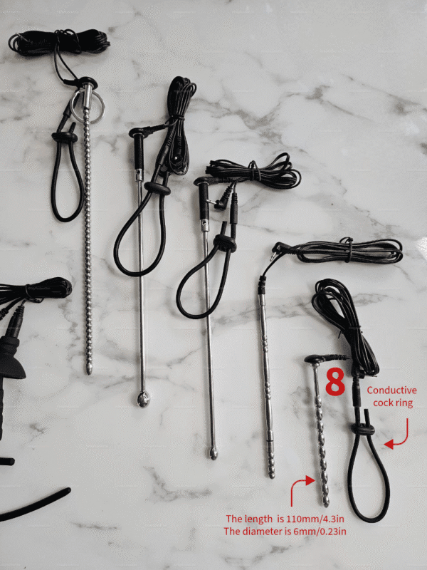 A selection of electrostim urethra catheters featuring metal and silicone options with conductive cock rings, designed for adventurous sensory play.