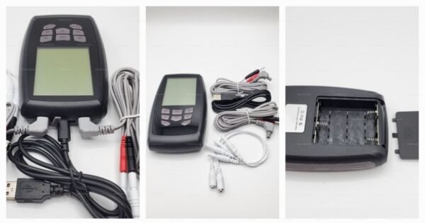 Electrostimulation control unit with cables and battery compartment for kink enthusiasts.