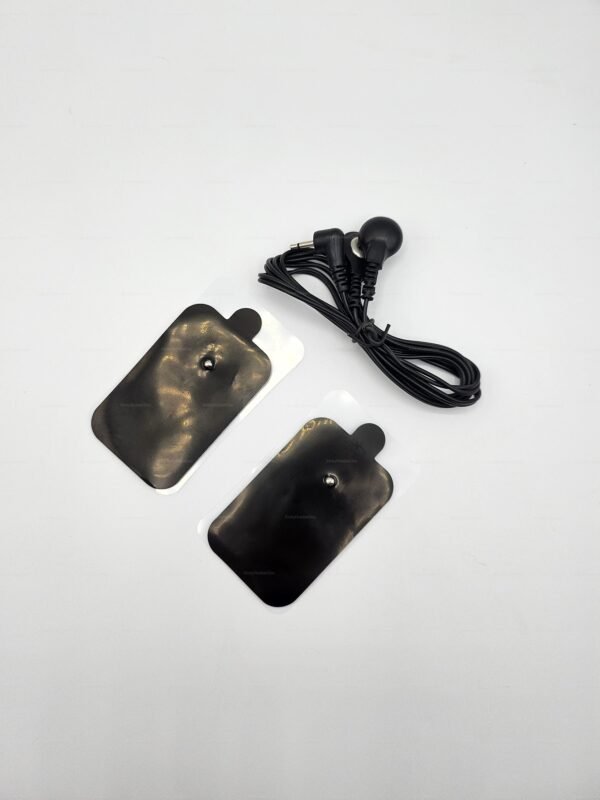 A pair of sleek, black Estim Adhesive Pads with a connecting cable, designed for a sensual electrostimulation experience.