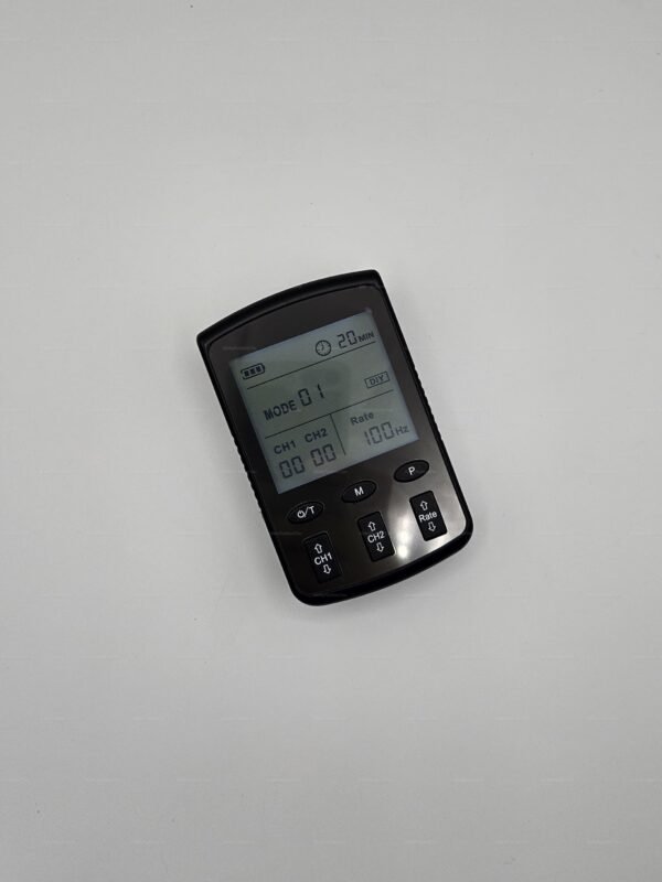 Sleek estim controller with digital display and jack adapters on a white background.
