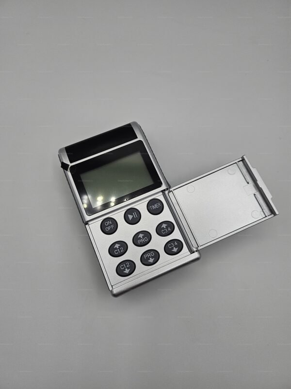 Sleek estim device with cables and lid, featuring a metallic finish and digital display for electrifying adventures.