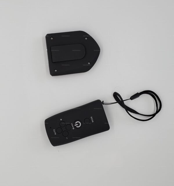Sleek black estim remote control unit for BDSM electrogear with ergonomic design for enhanced sensory play.