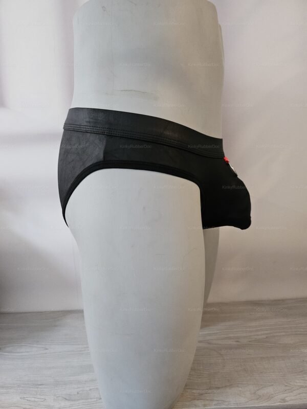 Black faux leather briefs with an open back design, offering a bold and edgy look.