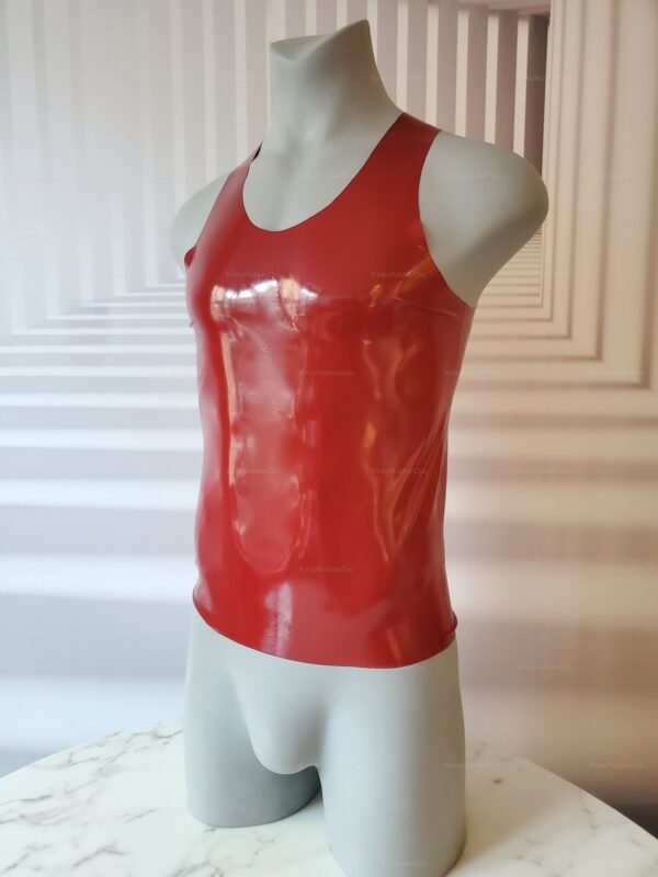 A sleek red and black latex top designed for fetish clubwear.
