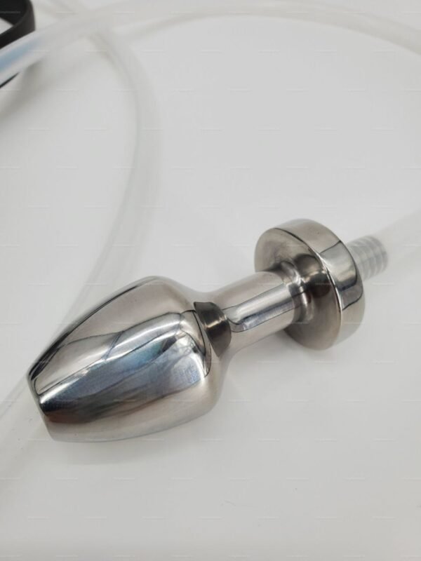 Sleek metallic fetish-drink-tubing-mouth-gag with a smooth finish and connected hose for adventurous play.