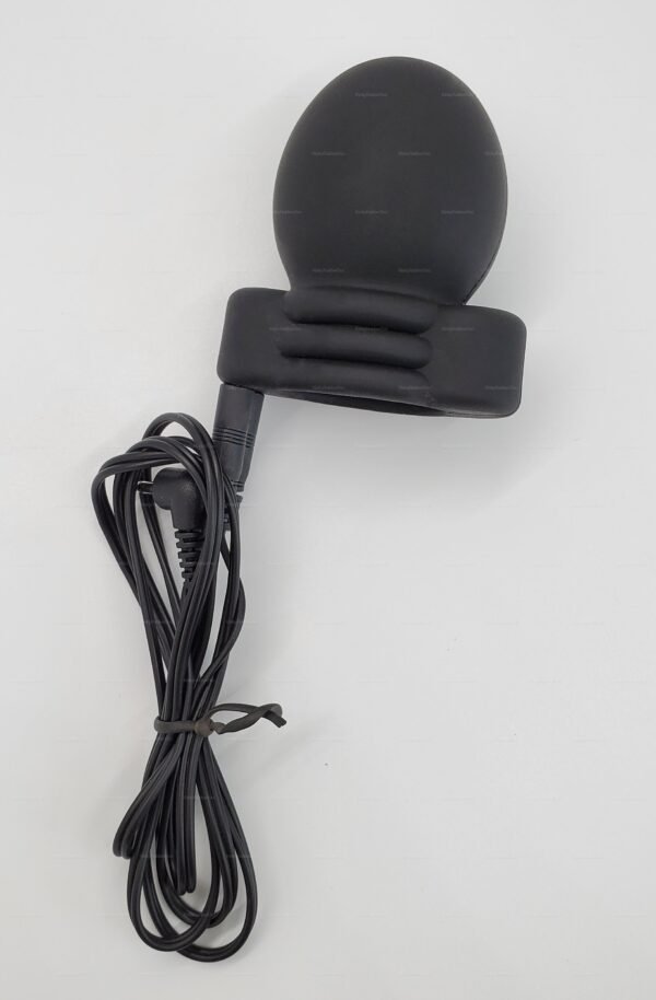 Black silicone electro-stimulation cup with attached cable, designed for intimate sensory experiences.