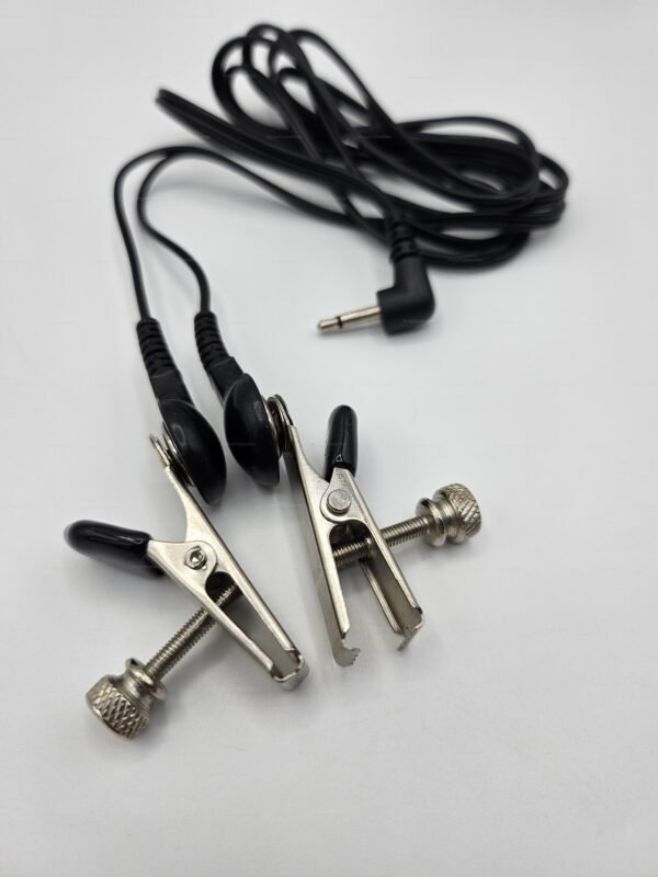 Silver electro nipple clamps with detachable black wire for an electrifying touch.
