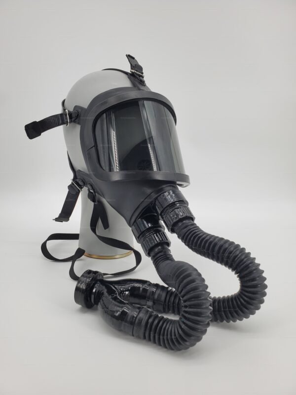 A fetish gas mask with RD40 NATO style featuring a clear face shield and flexible, textured hoses, designed for cosplay and roleplay.