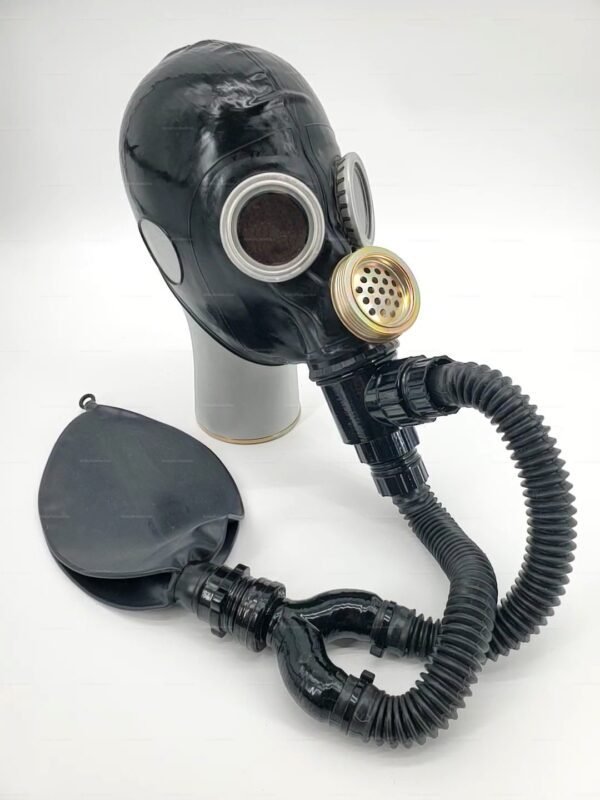 A sleek, black Soviet-style fetish gas mask with textured tubes and metallic accents, perfect for BDSM roleplay and gimp suit ensembles.