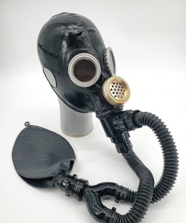 A striking black USSR Gas Mask with vintage metallic accents and a detachable hose, designed for fetish fashion enthusiasts.