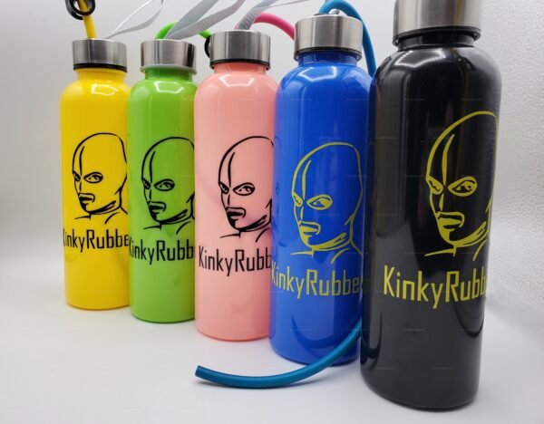 A collection of vibrant bottles featuring a kink-themed graphic and the words "KinkyRubber," each with a hydration hose attached.