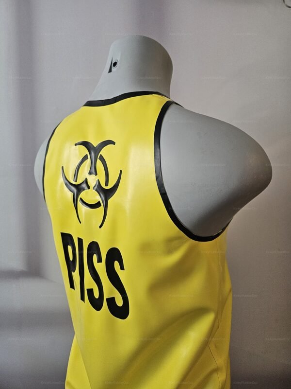 Yellow latex top with black biohazard symbol and bold text design.
