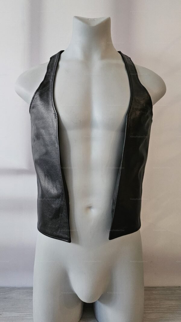 Black leather vest with open front, designed for fetish cosplay and BDSM fashion.