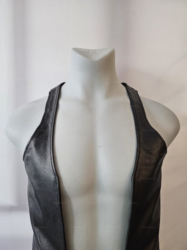 Black leather vest with a sleek, open-front design, featuring hidden pockets for a mysterious touch.