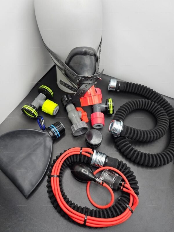A detailed fetish mask kit featuring hoses and connectors in various colors and textures.
