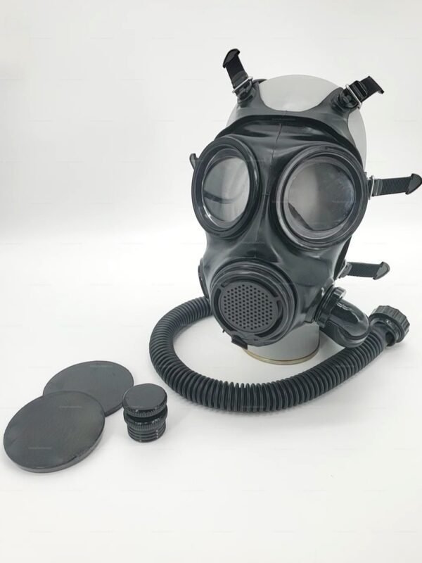 Black fetish military mask with customizable threads and detachable hose, featuring a sleek design and bold presence.