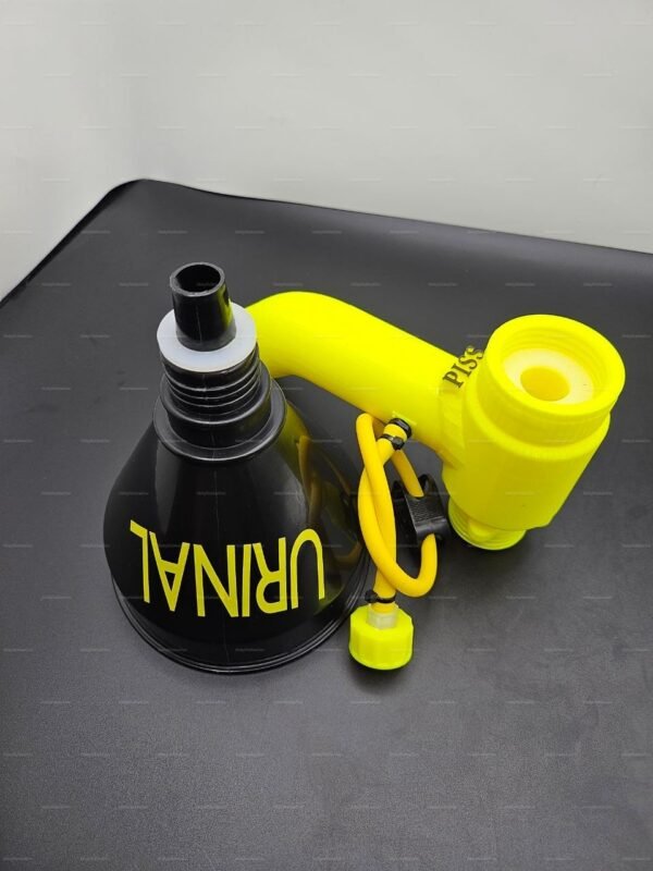 Fetish Piss Drinking System for Gas Mask featuring bold yellow and black design with flexible tubing.