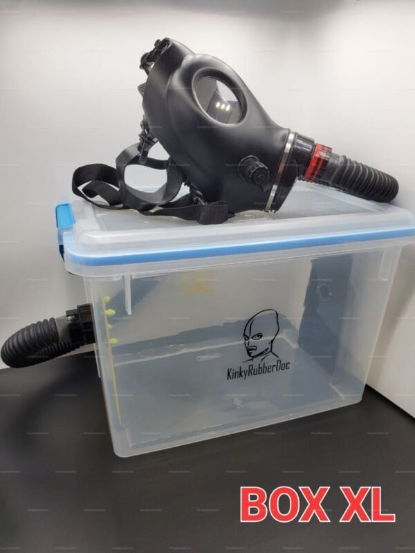 Fetish Sniff Box XL with Carbon Filter by KinkyRubberDoc featuring a sleek black mask connected to a transparent container.