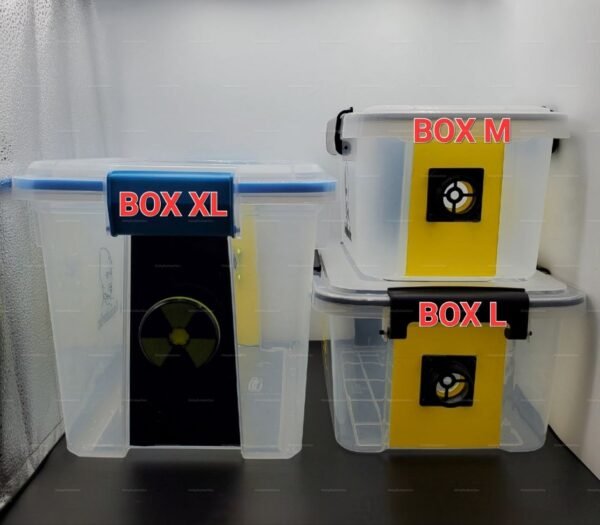 **Alt Text**: Three transparent fetish sniffing boxes with RD40 connectors, available in medium, large, and extra-large sizes, featuring bold accents and a sleek design.